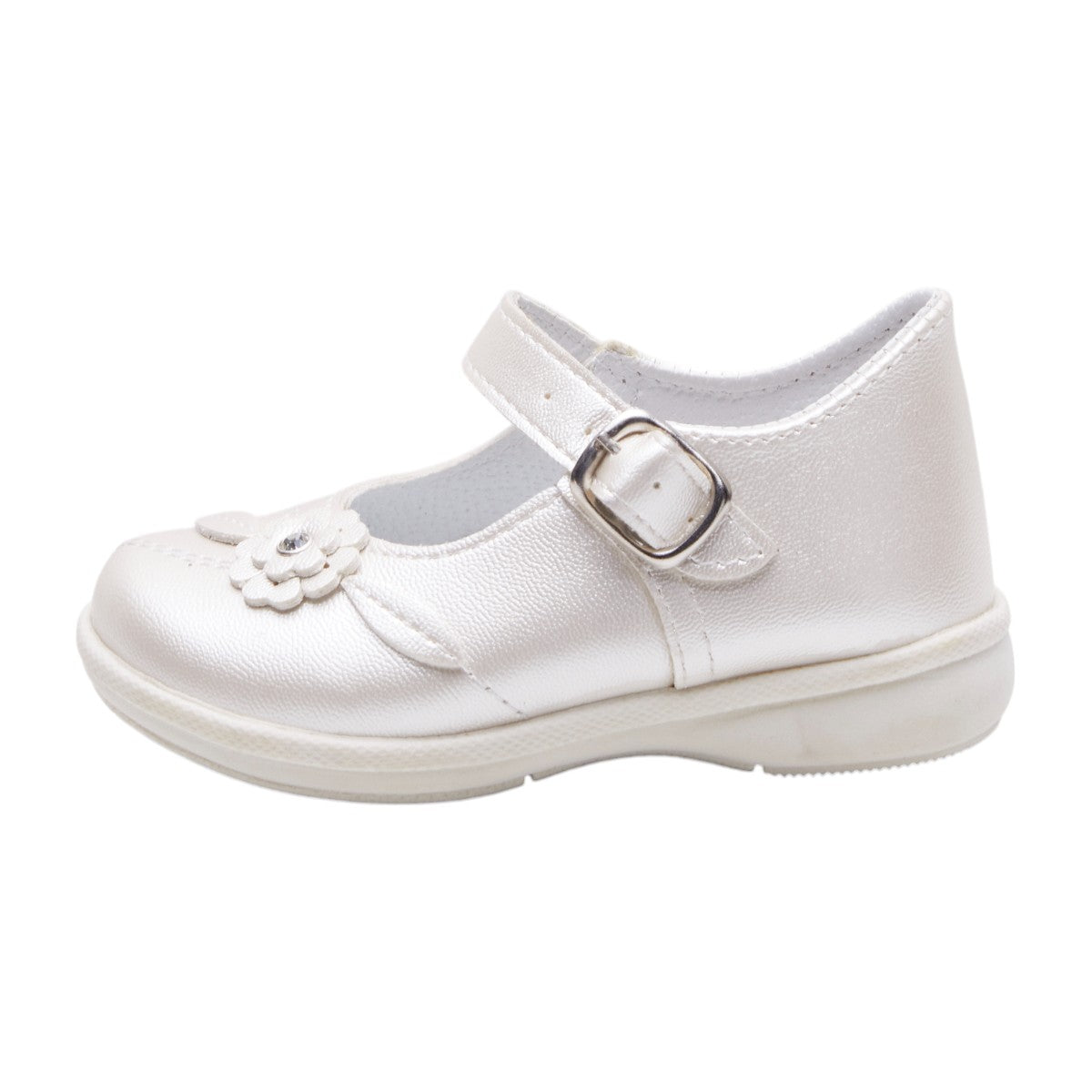 Zapatos para niña en charol blanco con brillo, punta redonda, correa ajustable con hebilla, suela anti derrapante y flor decorativa dv2925