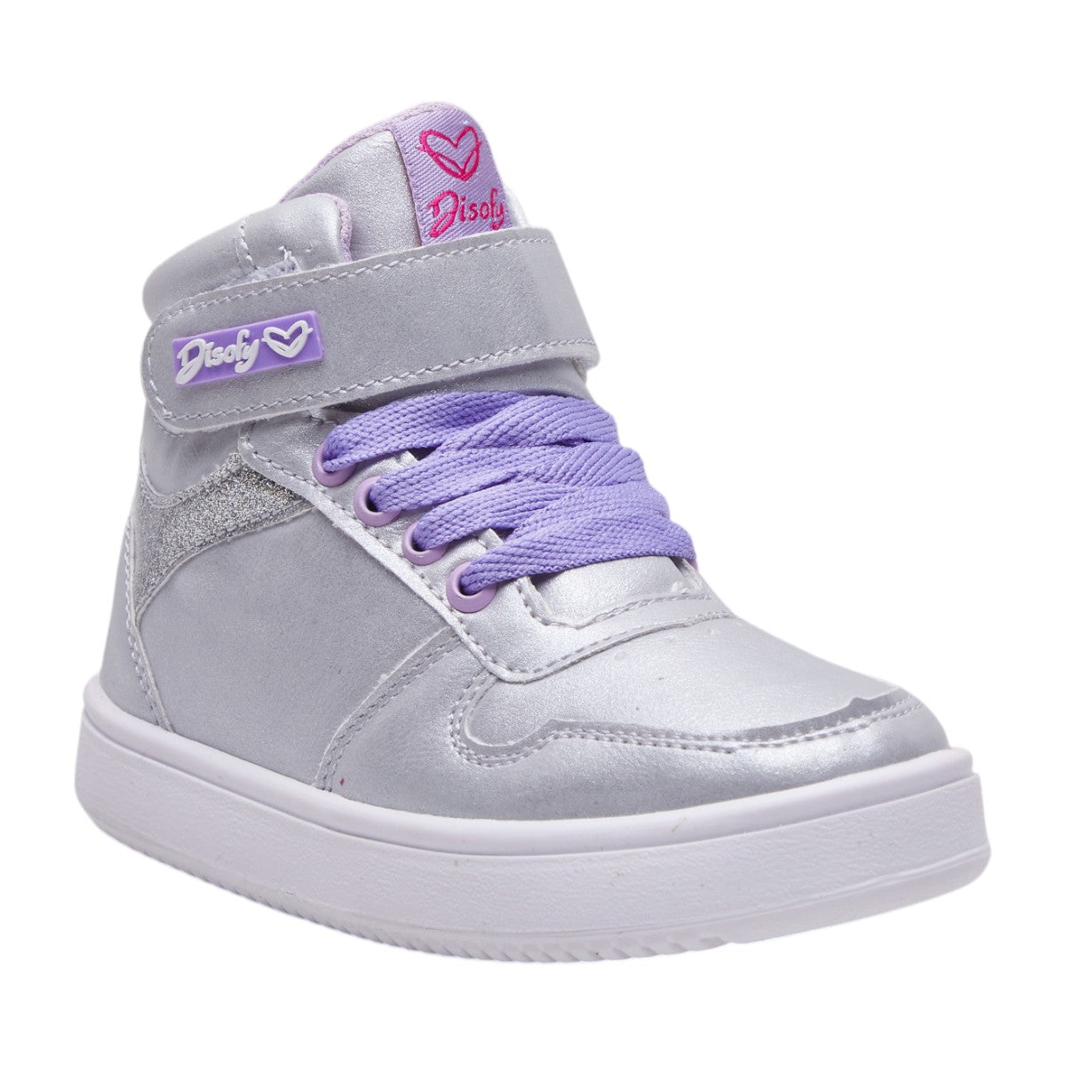 Tenis de bota para niña en piel sintética plateada con agujetas lilas, suela anti derrapante y broche de soporte dv2925