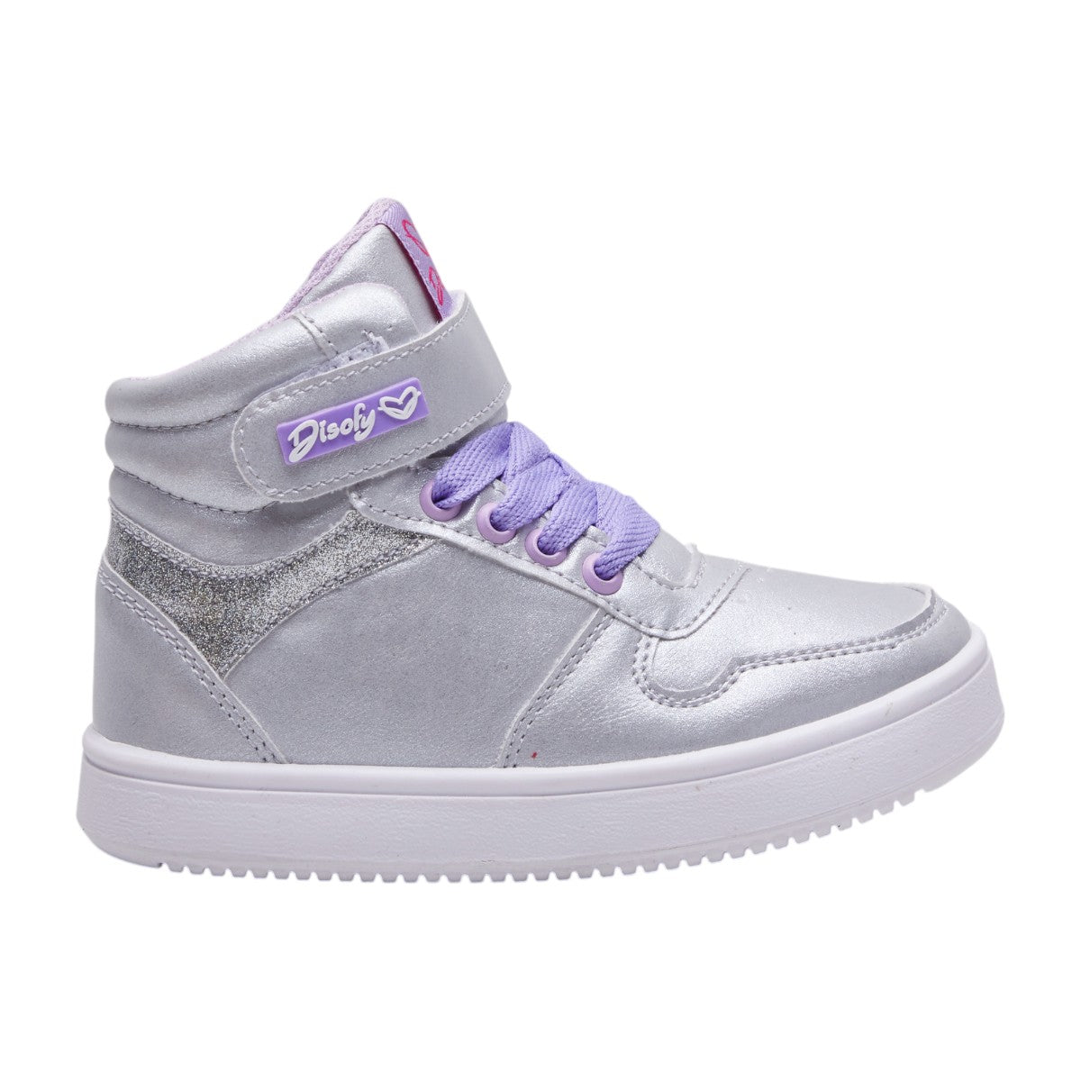 Tenis de bota para niña en piel sintética plateada con agujetas lilas, suela anti derrapante y broche de soporte dv2925