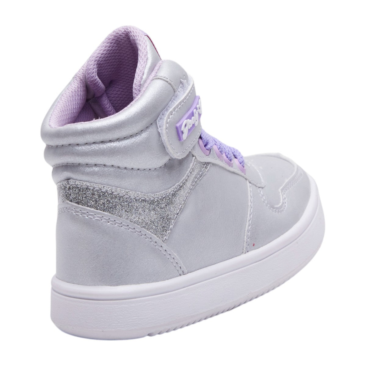 Tenis de bota para niña en piel sintética plateada con agujetas lilas, suela anti derrapante y broche de soporte dv2925