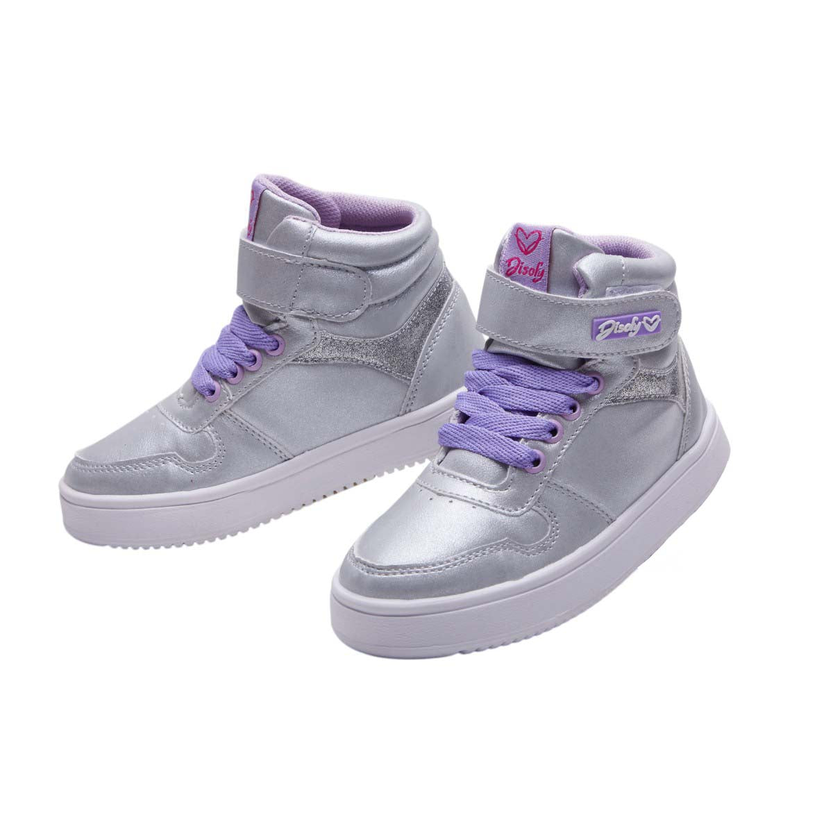 Tenis de bota para niña en piel sintética plateada con agujetas lilas, suela anti derrapante y broche de soporte dv2925