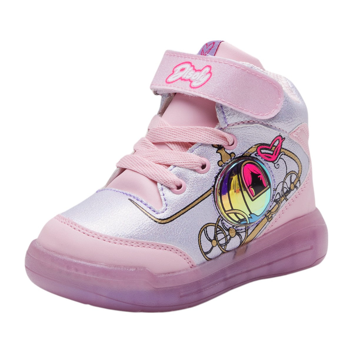 Tenis de bota para niña en piel sintética plateada con rosa, suela transparente rosa, agujetas funcionales, broche de soporte en tobillo y diseño ilustrado de carruaje dv2925