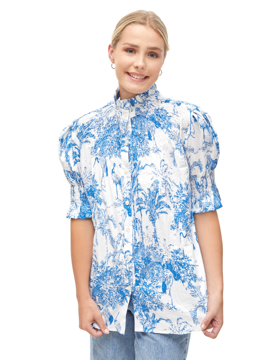 Camisa Algodón Mujer Manga Corta con Volumen Estampado dv2925