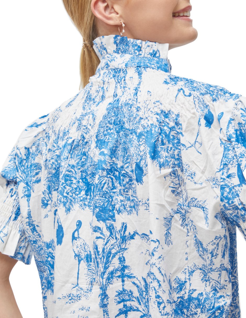 Camisa Algodón Mujer Manga Corta con Volumen Estampado dv2925