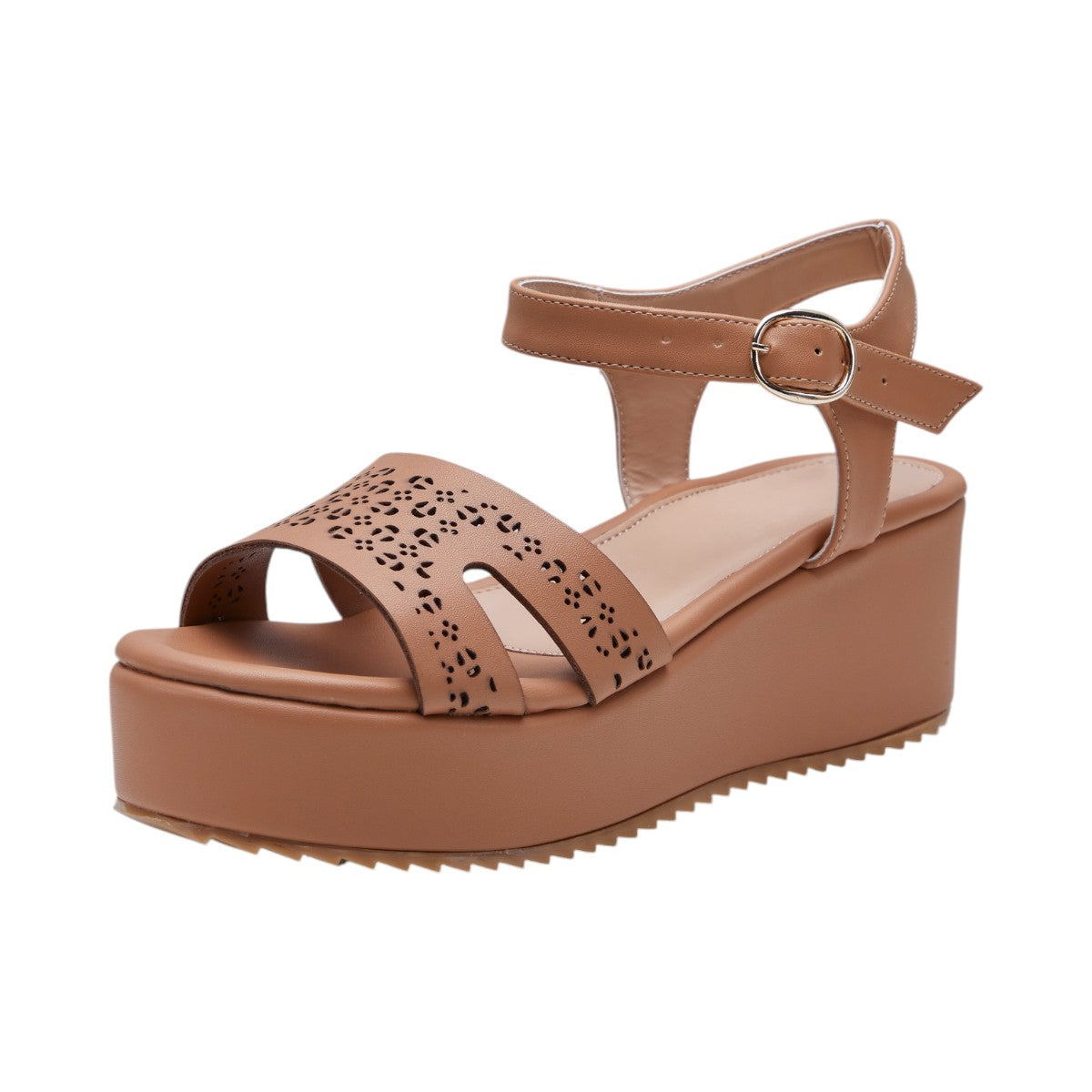 Sandalias de Dama Plataforma 5cm, Material Textil Tipo Piel, Corte Láser Decorativo, Correa Ajustable en Tobillo, Suela Antideslizante Color Café dv2925