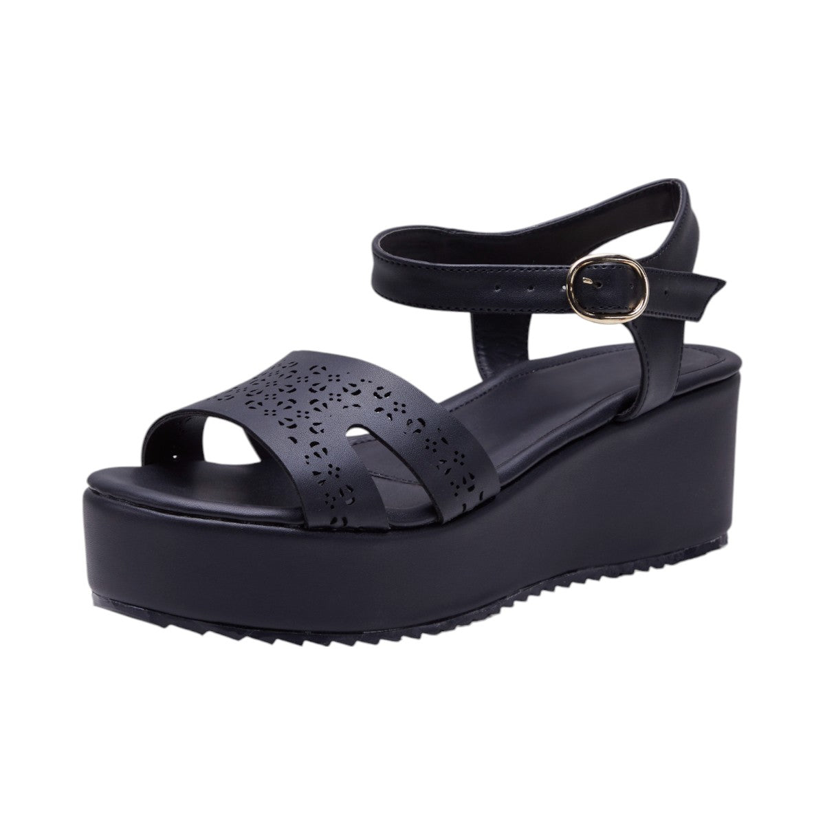 Sandalias de Dama Plataforma 5cm, Material Textil Tipo Piel, Corte Láser Decorativo, Correa Ajustable en Tobillo, Suela Antideslizante Color Negro dv2925