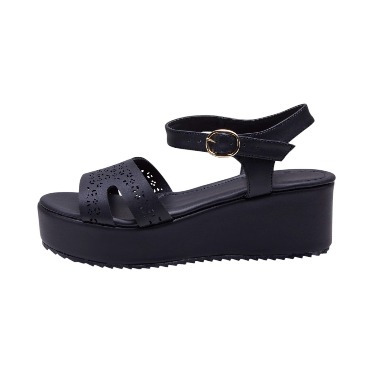 Sandalias de Dama Plataforma 5cm, Material Textil Tipo Piel, Corte Láser Decorativo, Correa Ajustable en Tobillo, Suela Antideslizante Color Negro dv2925