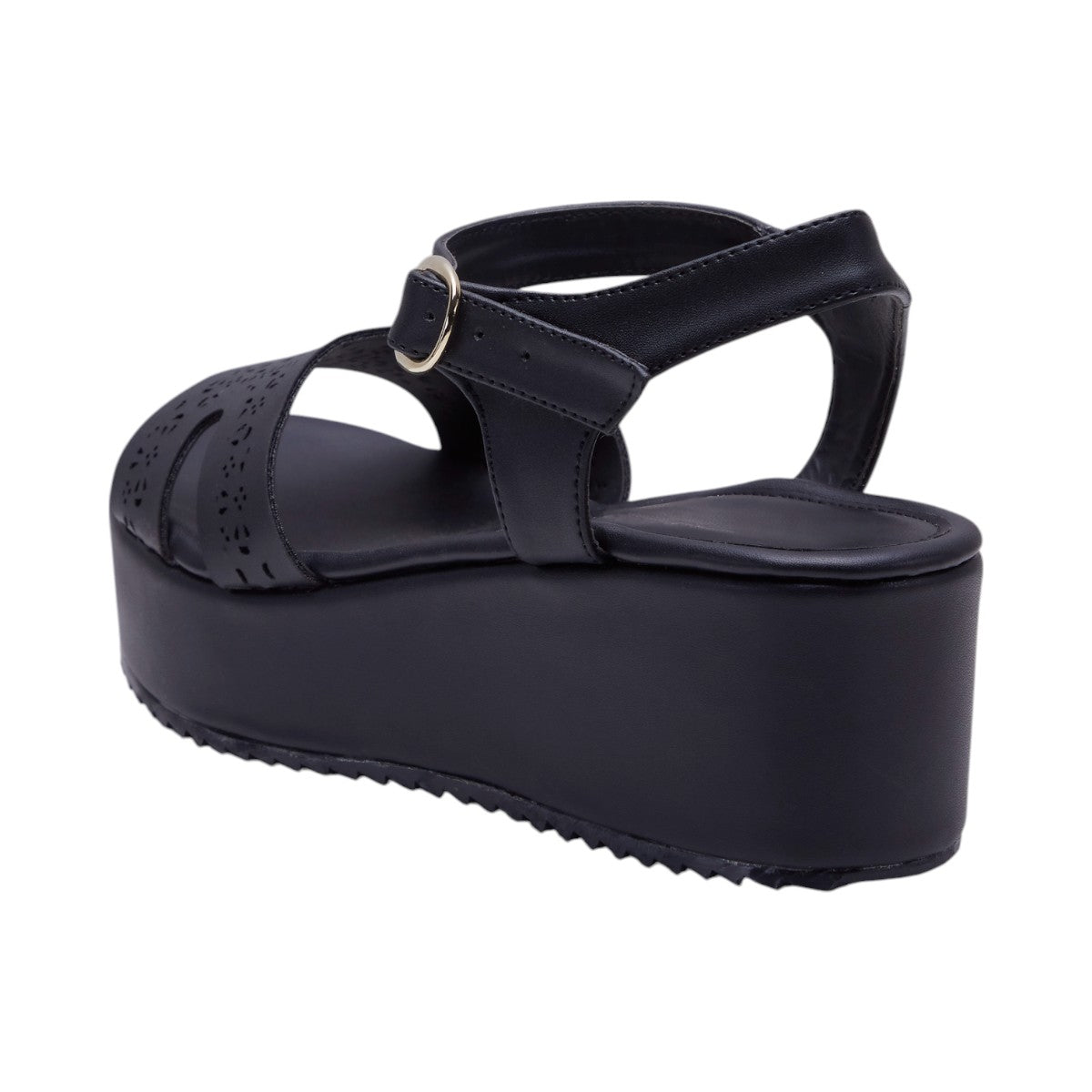 Sandalias de Dama Plataforma 5cm, Material Textil Tipo Piel, Corte Láser Decorativo, Correa Ajustable en Tobillo, Suela Antideslizante Color Negro dv2925