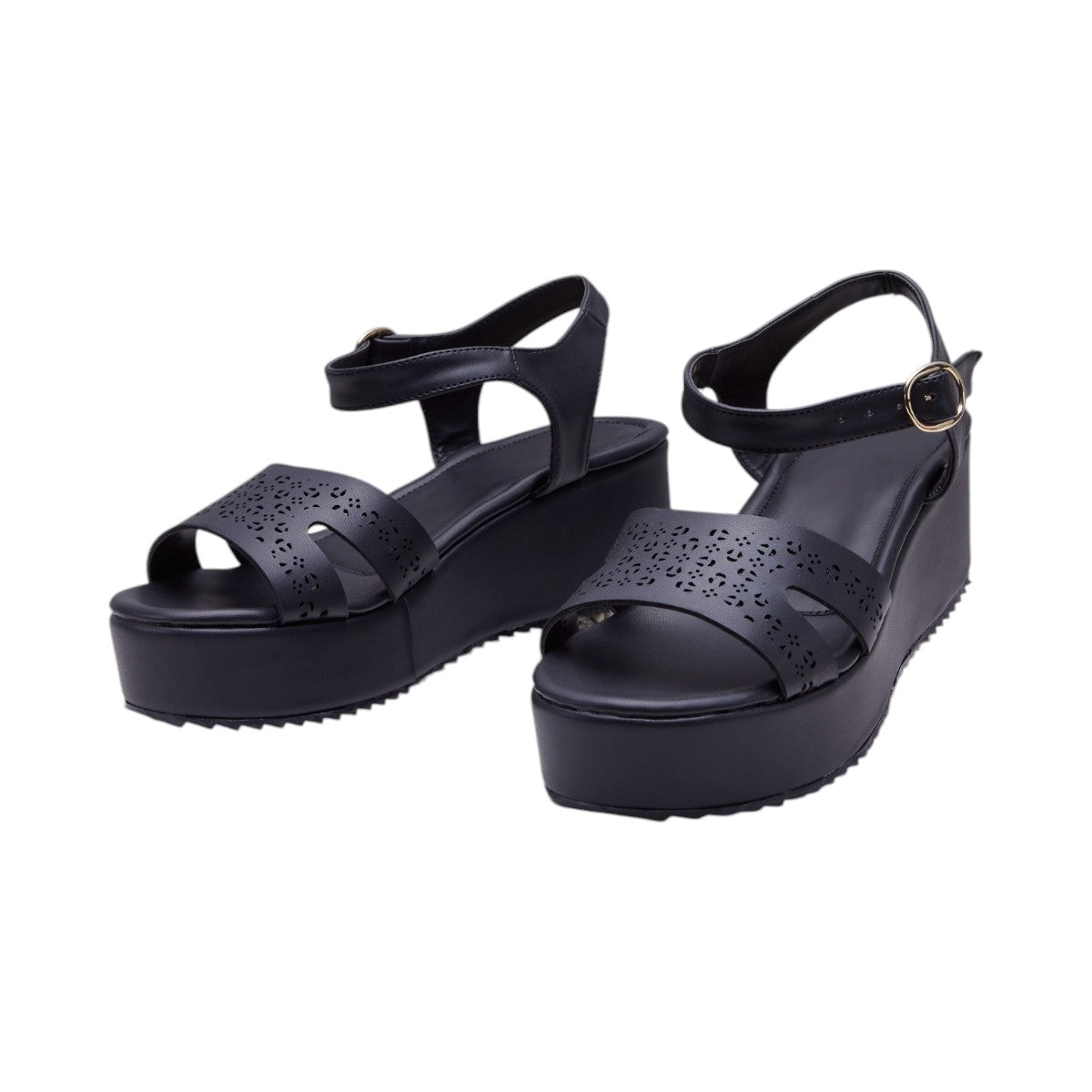 Sandalias de Dama Plataforma 5cm, Material Textil Tipo Piel, Corte Láser Decorativo, Correa Ajustable en Tobillo, Suela Antideslizante Color Negro dv2925