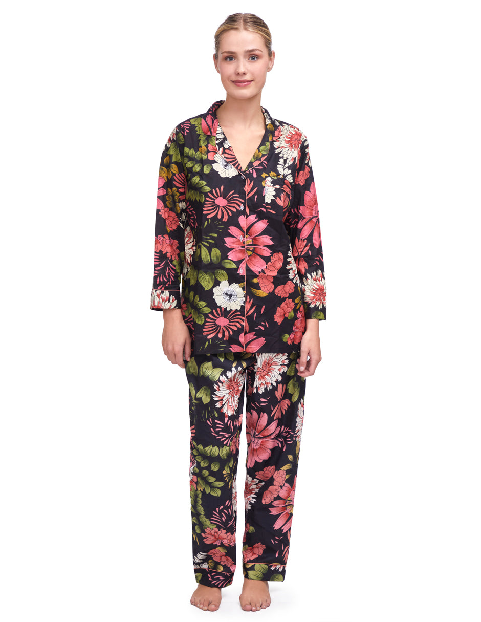 Pijama Algodón Camisa y Pantalón Mujer Estampado Azul Marino y Rosa dv2925