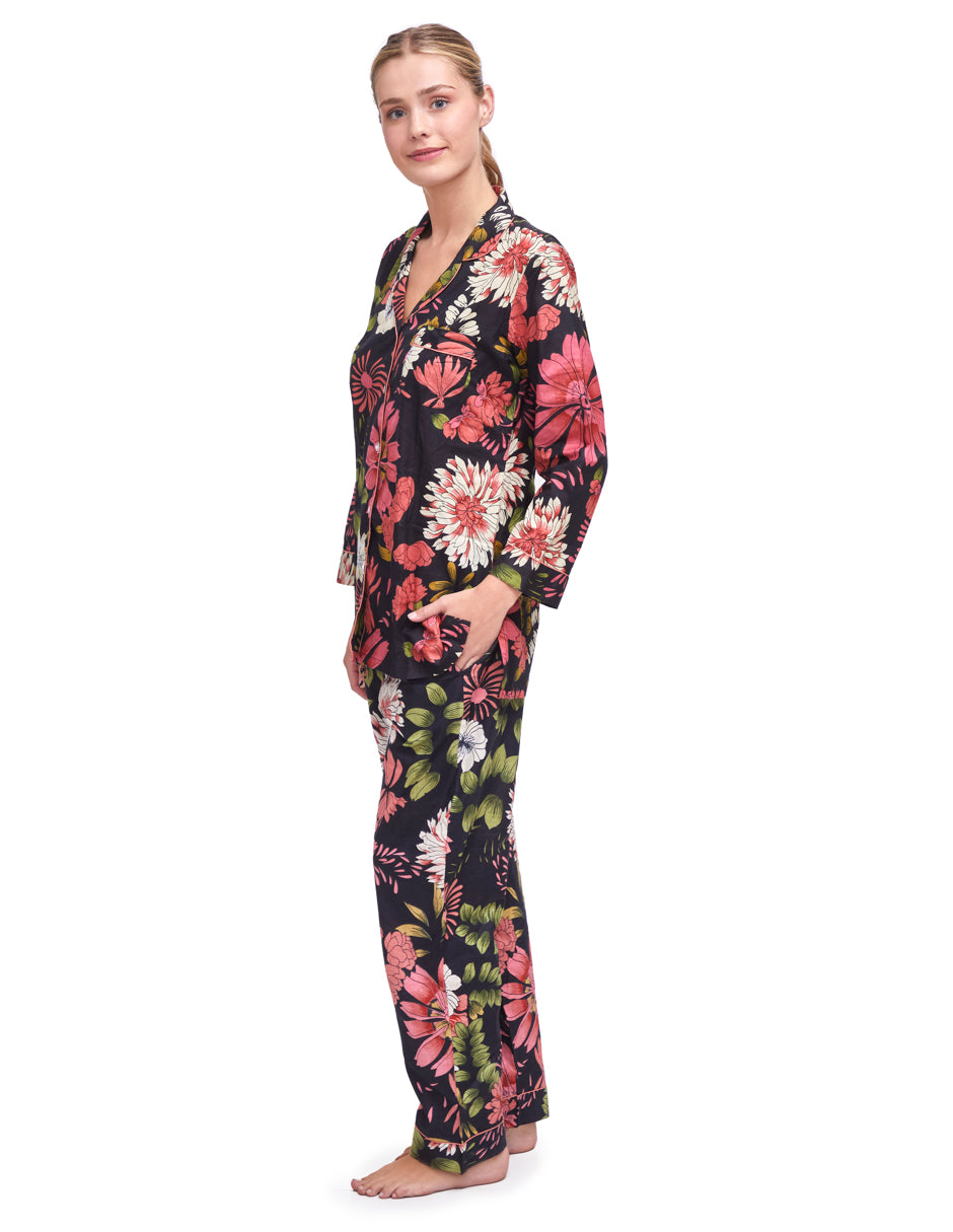 Pijama Algodón Camisa y Pantalón Mujer Estampado Azul Marino y Rosa dv2925