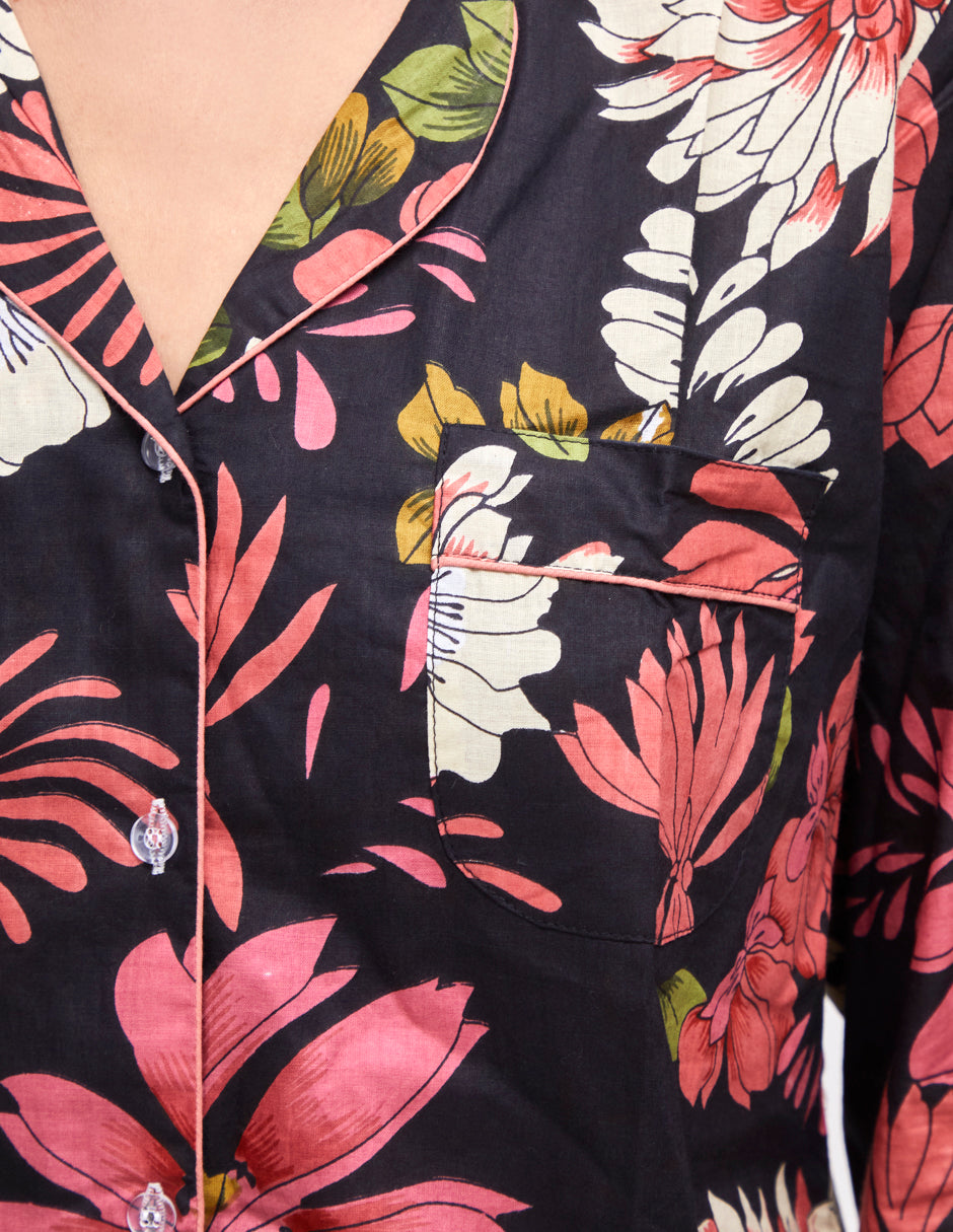 Pijama Algodón Camisa y Pantalón Mujer Estampado Azul Marino y Rosa dv2925