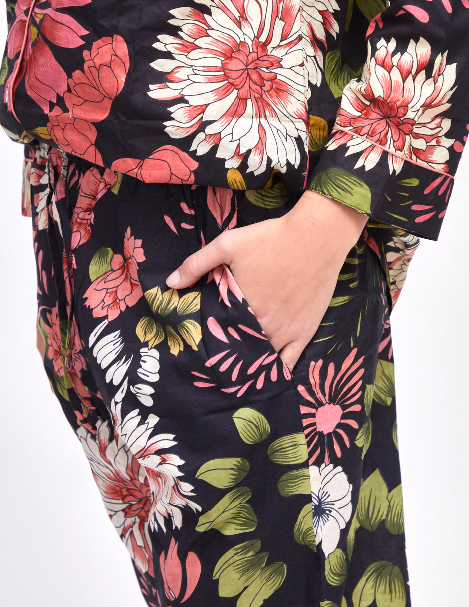 Pijama Algodón Camisa y Pantalón Mujer Estampado Azul Marino y Rosa dv2925