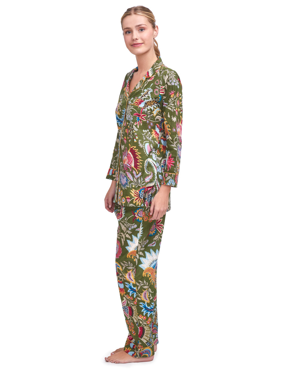 Pijama Algodón Camisa y Pantalón Mujer Estampado Verde dv2925