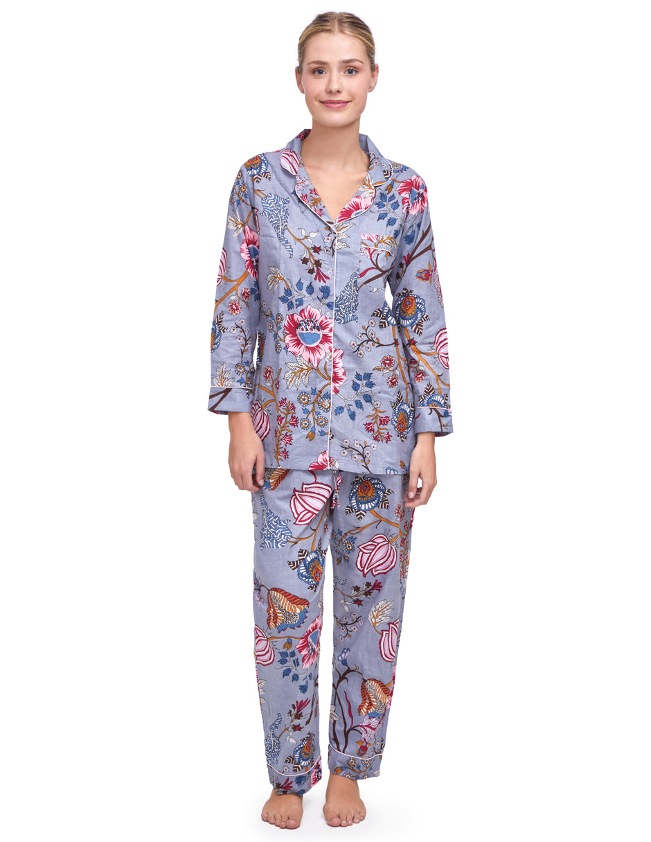 Pijama Algodón Camisa y Pantalón Mujer Estampado Azul Gris dv2925