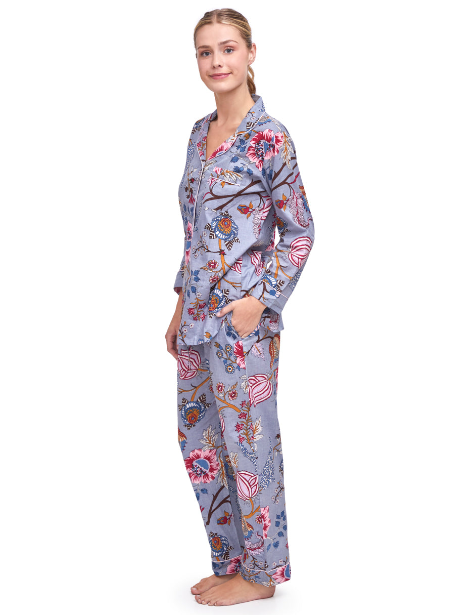 Pijama Algodón Camisa y Pantalón Mujer Estampado Azul Gris dv2925
