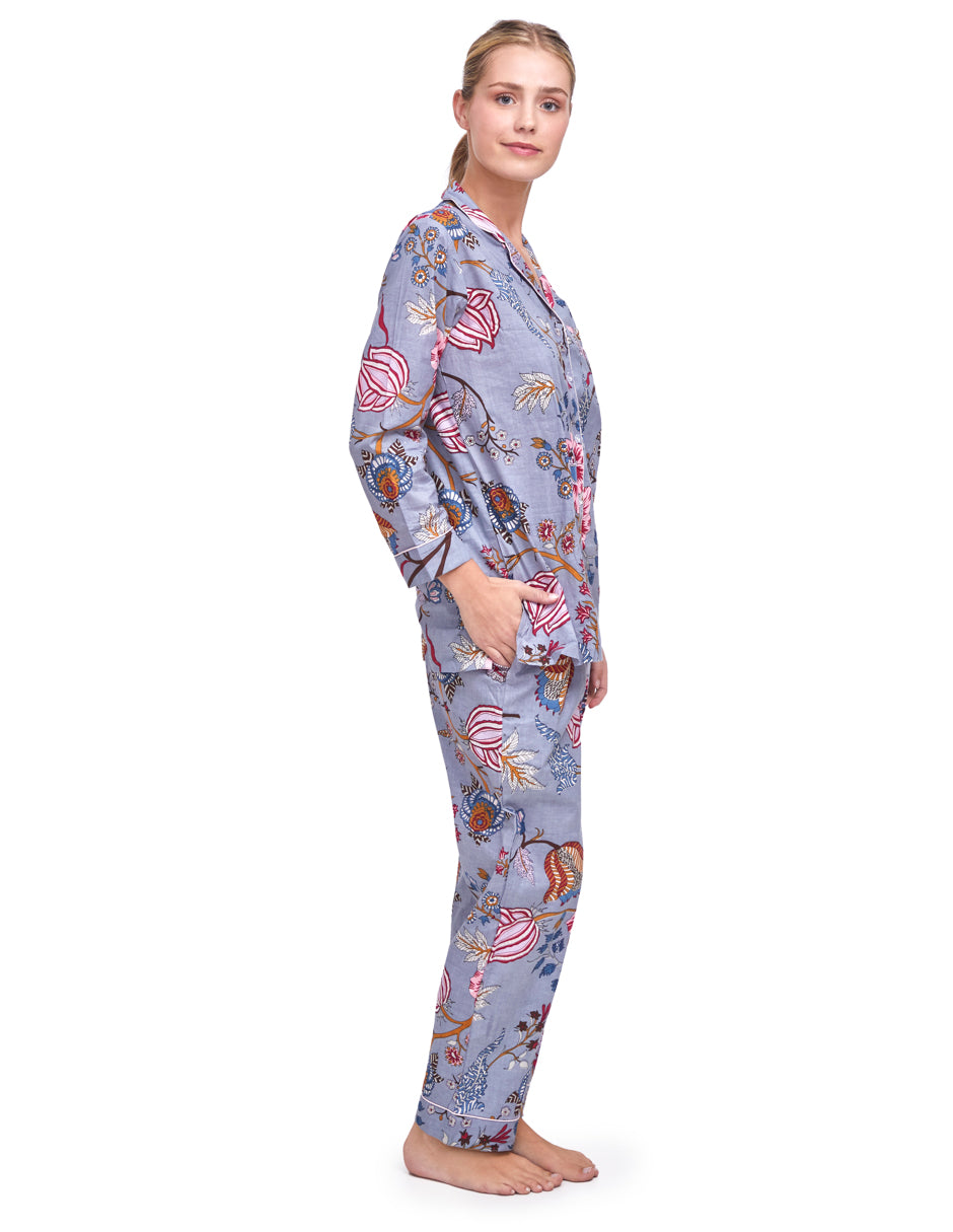 Pijama Algodón Camisa y Pantalón Mujer Estampado Azul Gris dv2925
