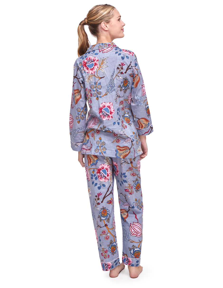 Pijama Algodón Camisa y Pantalón Mujer Estampado Azul Gris dv2925
