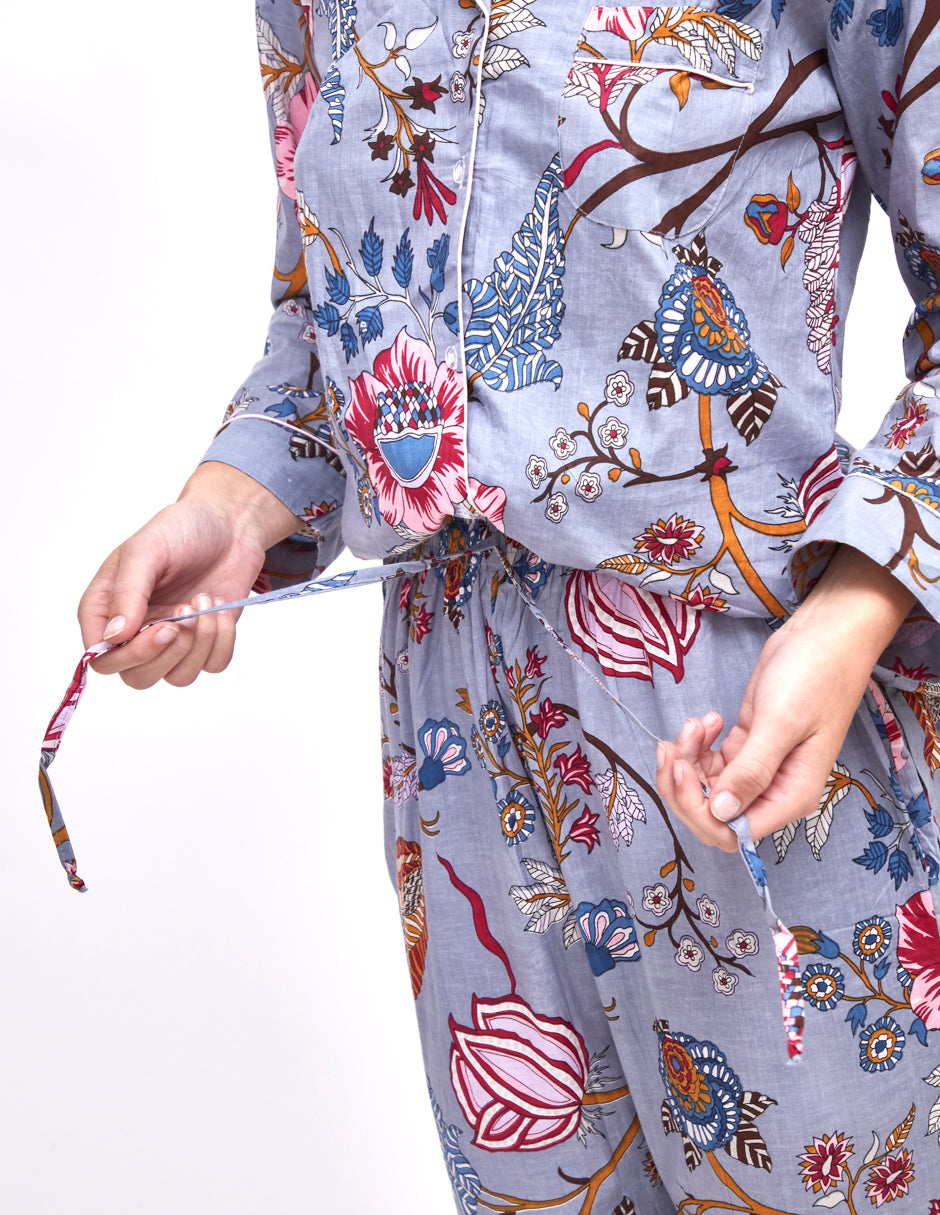 Pijama Algodón Camisa y Pantalón Mujer Estampado Azul Gris dv2925