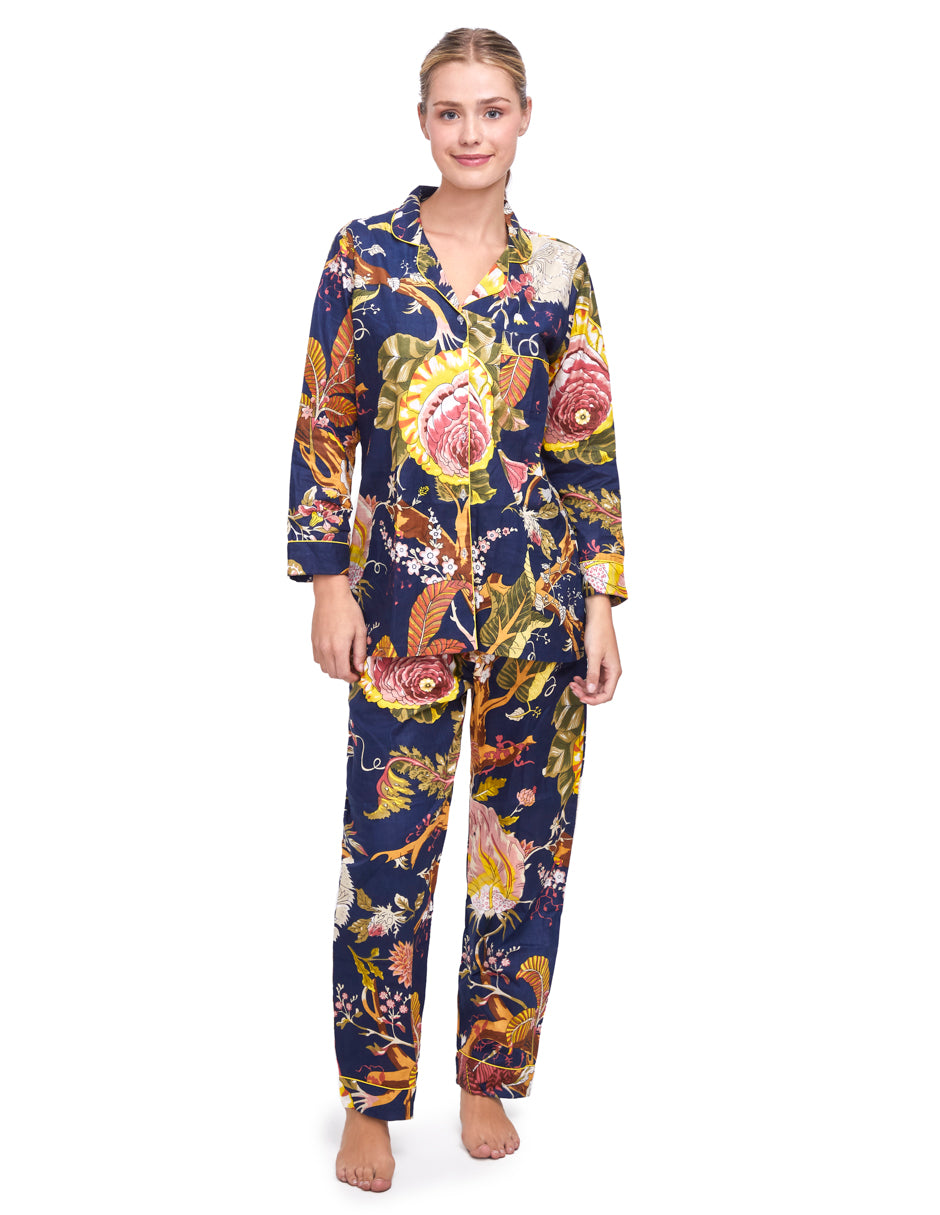 Pijama Algodón Camisa y Pantalón Mujer Estampado Azul Marino Floral dv2925