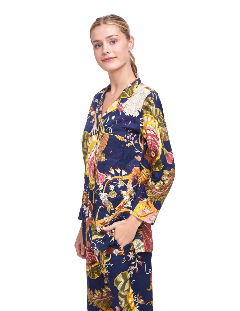Pijama Algodón Camisa y Pantalón Mujer Estampado Azul Marino Floral dv2925