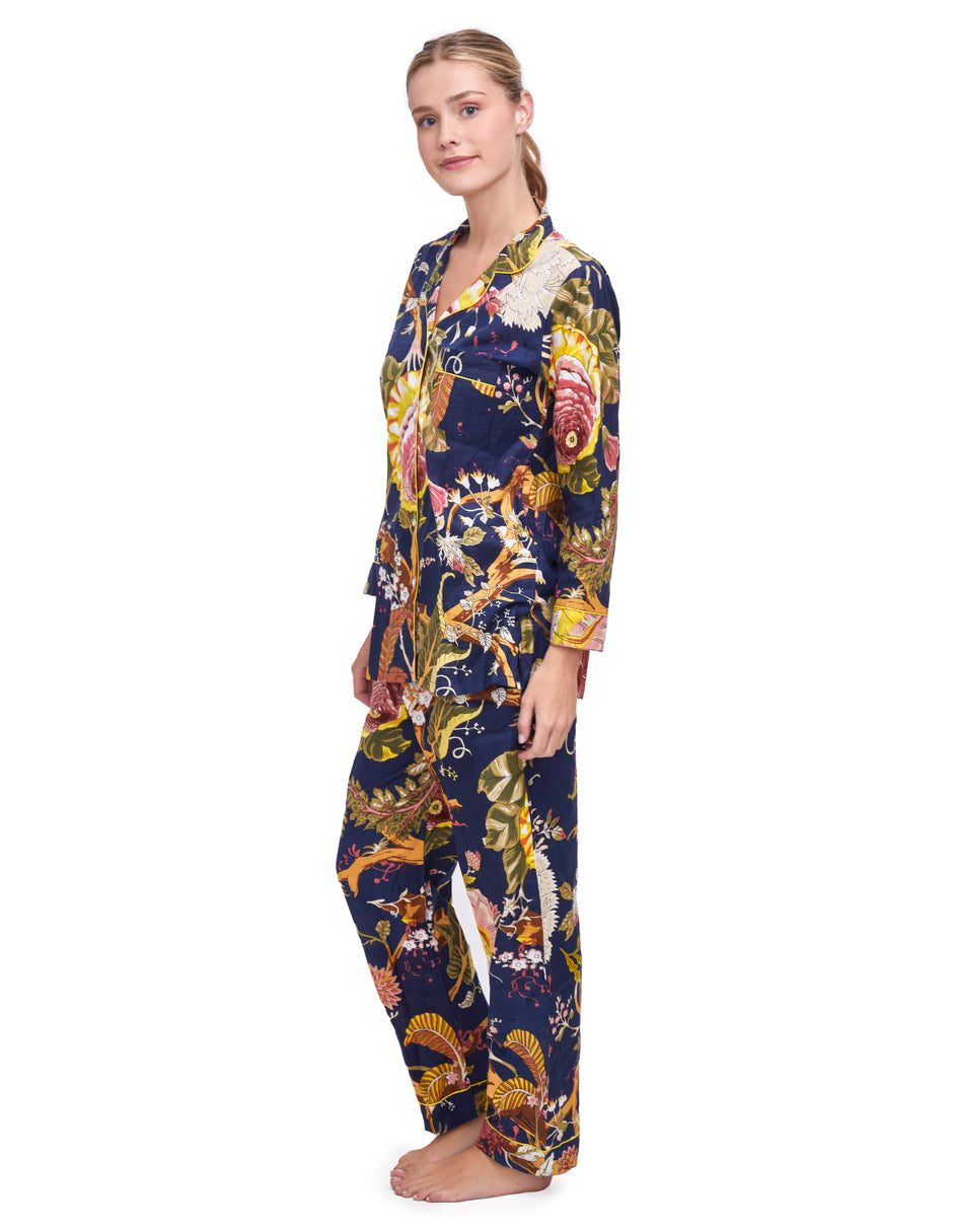 Pijama Algodón Camisa y Pantalón Mujer Estampado Azul Marino Floral dv2925