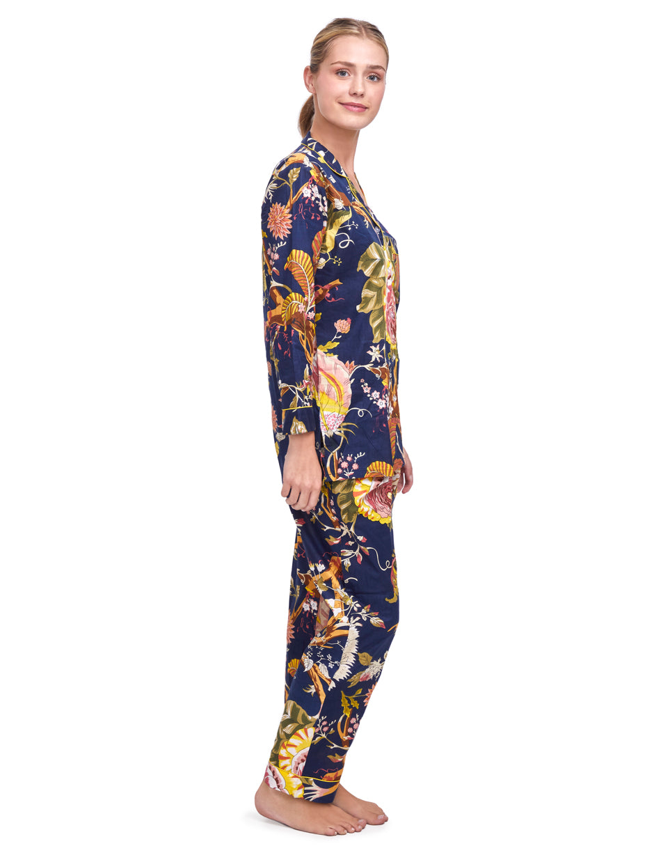 Pijama Algodón Camisa y Pantalón Mujer Estampado Azul Marino Floral dv2925