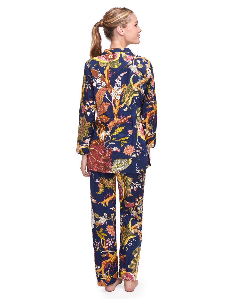 Pijama Algodón Camisa y Pantalón Mujer Estampado Azul Marino Floral dv2925