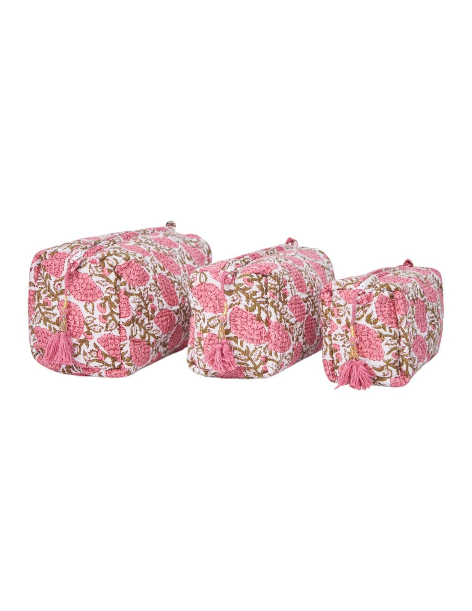 Set de Neceser/ Cosmetiquera en tela 100% algodón estampada en colores rosa dv2925