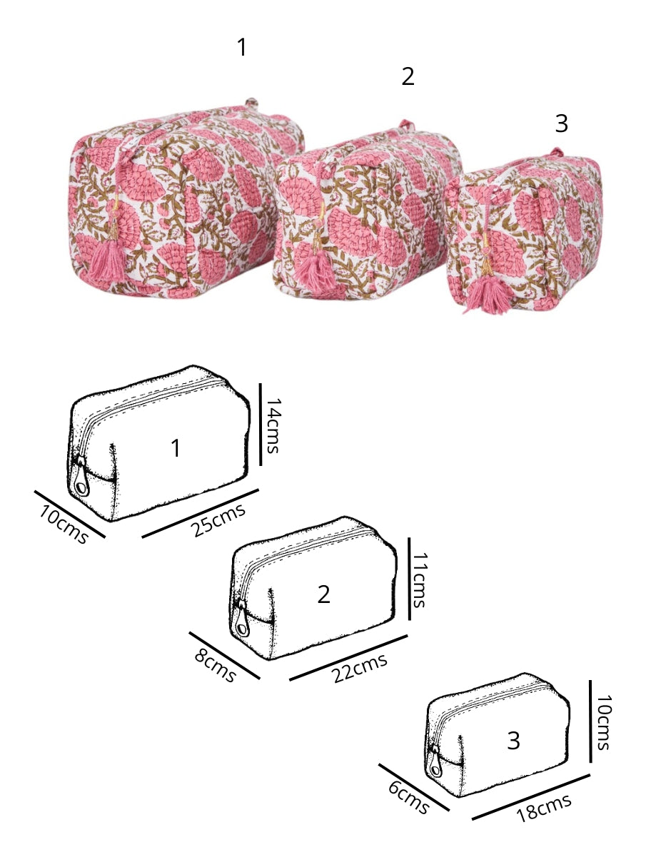 Set de Neceser/ Cosmetiquera en tela 100% algodón estampada en colores rosa dv2925