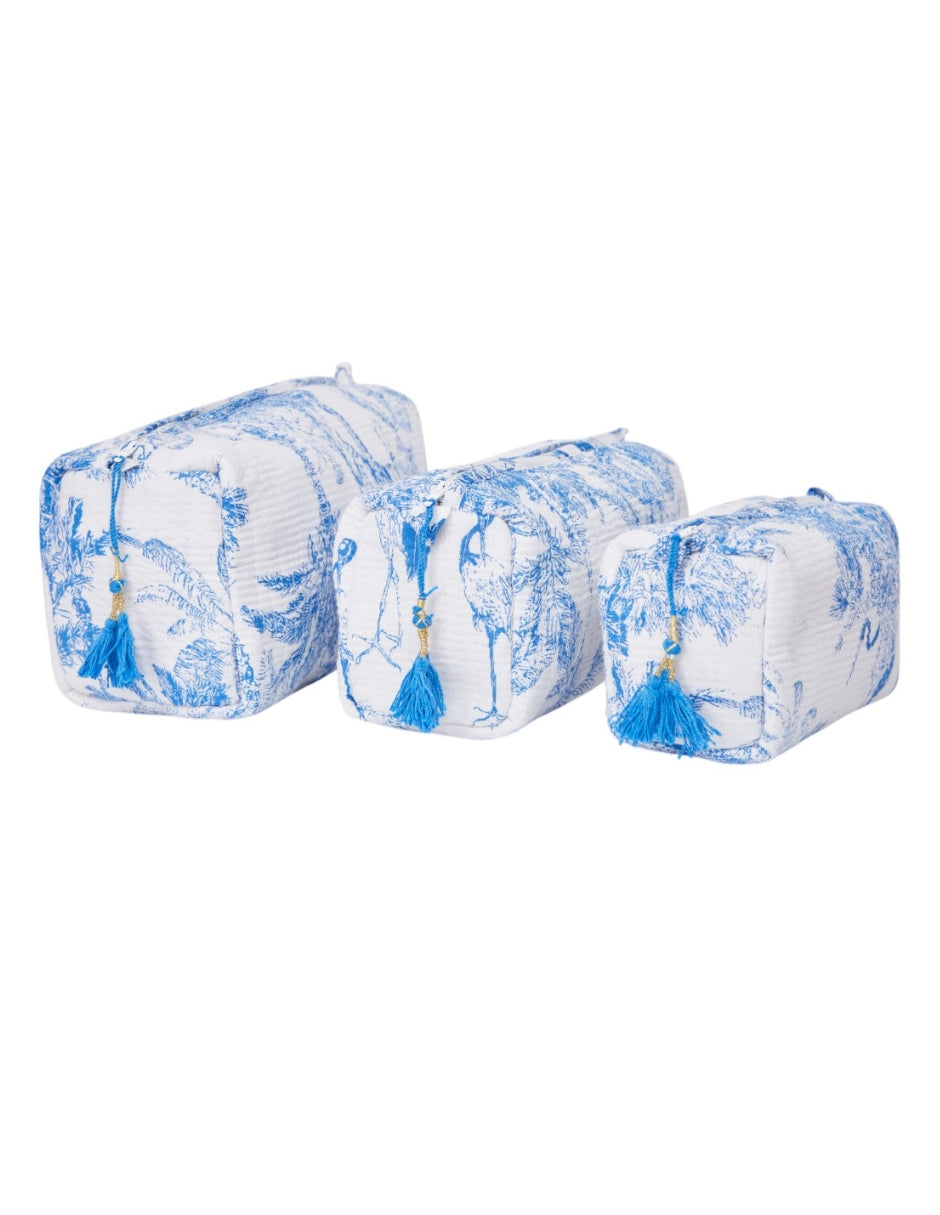 Set de Neceser/ Cosmetiquera en tela 100% algodón estampada Azul con Blanco dv2925