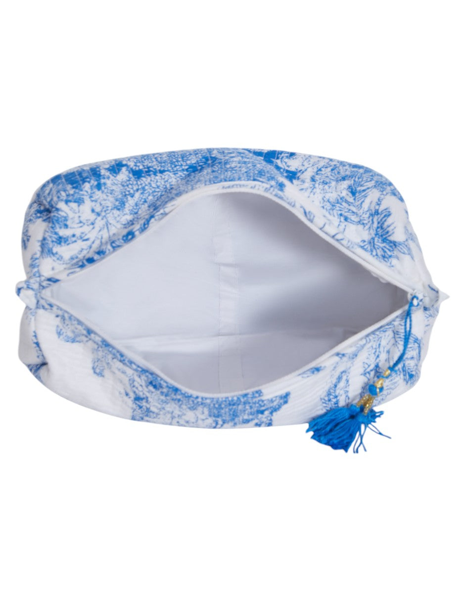 Set de Neceser/ Cosmetiquera en tela 100% algodón estampada Azul con Blanco dv2925