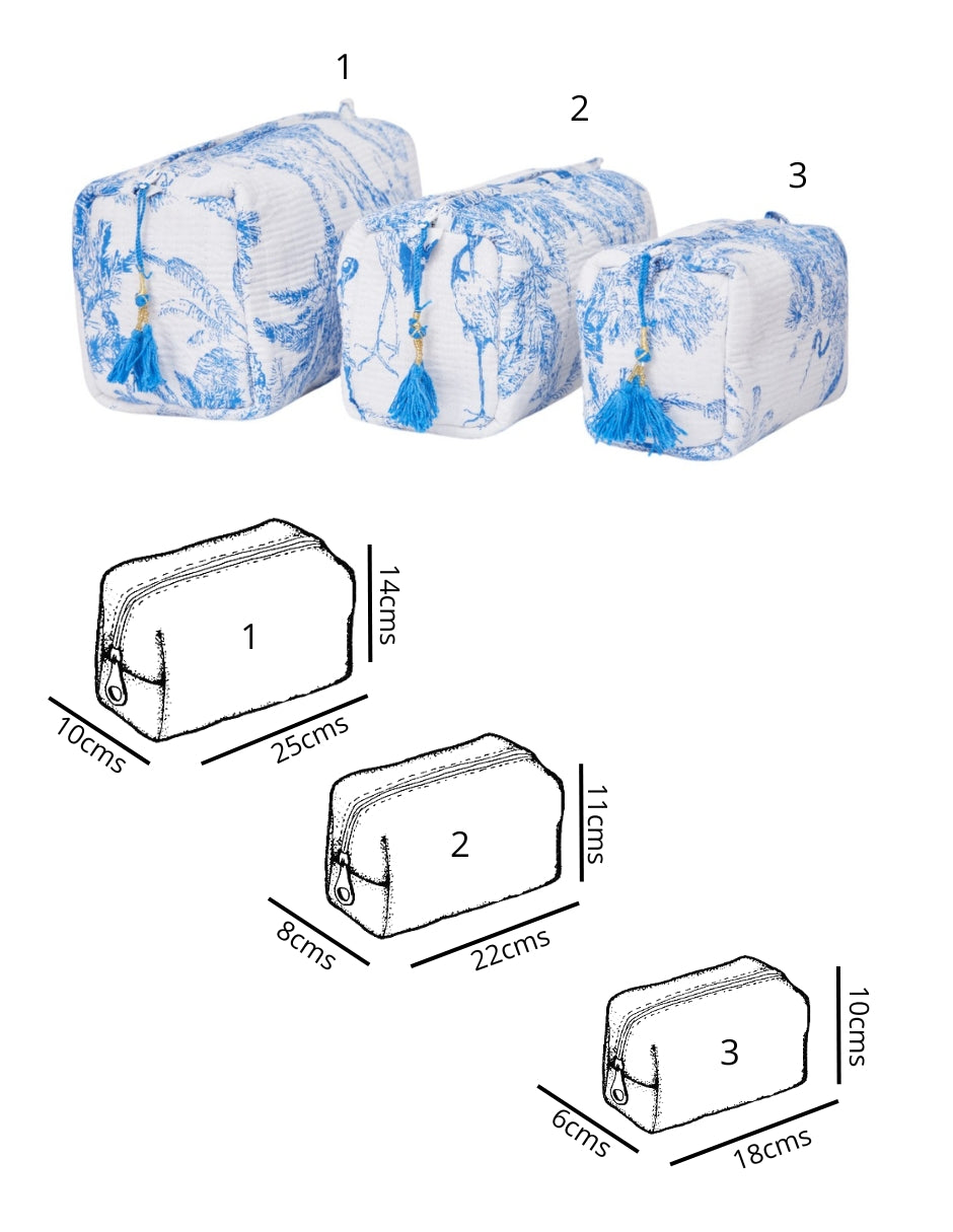 Set de Neceser/ Cosmetiquera en tela 100% algodón estampada Azul con Blanco dv2925