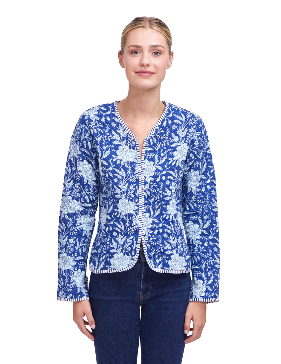 Chamarra Mujer Algodón Tela Estampada Azul Monocromático dv2925