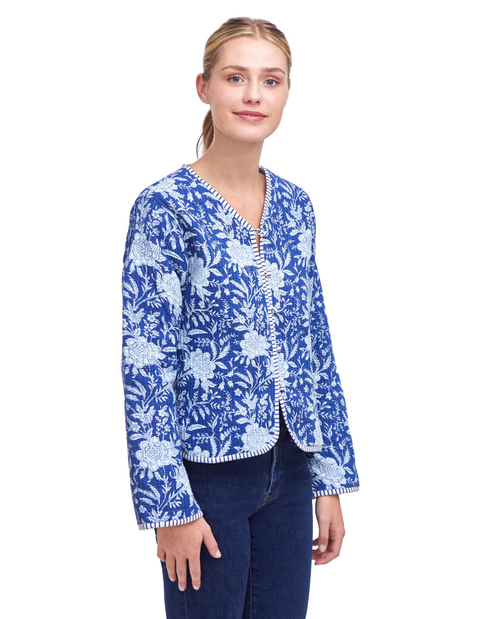 Chamarra Mujer Algodón Tela Estampada Azul Monocromático dv2925
