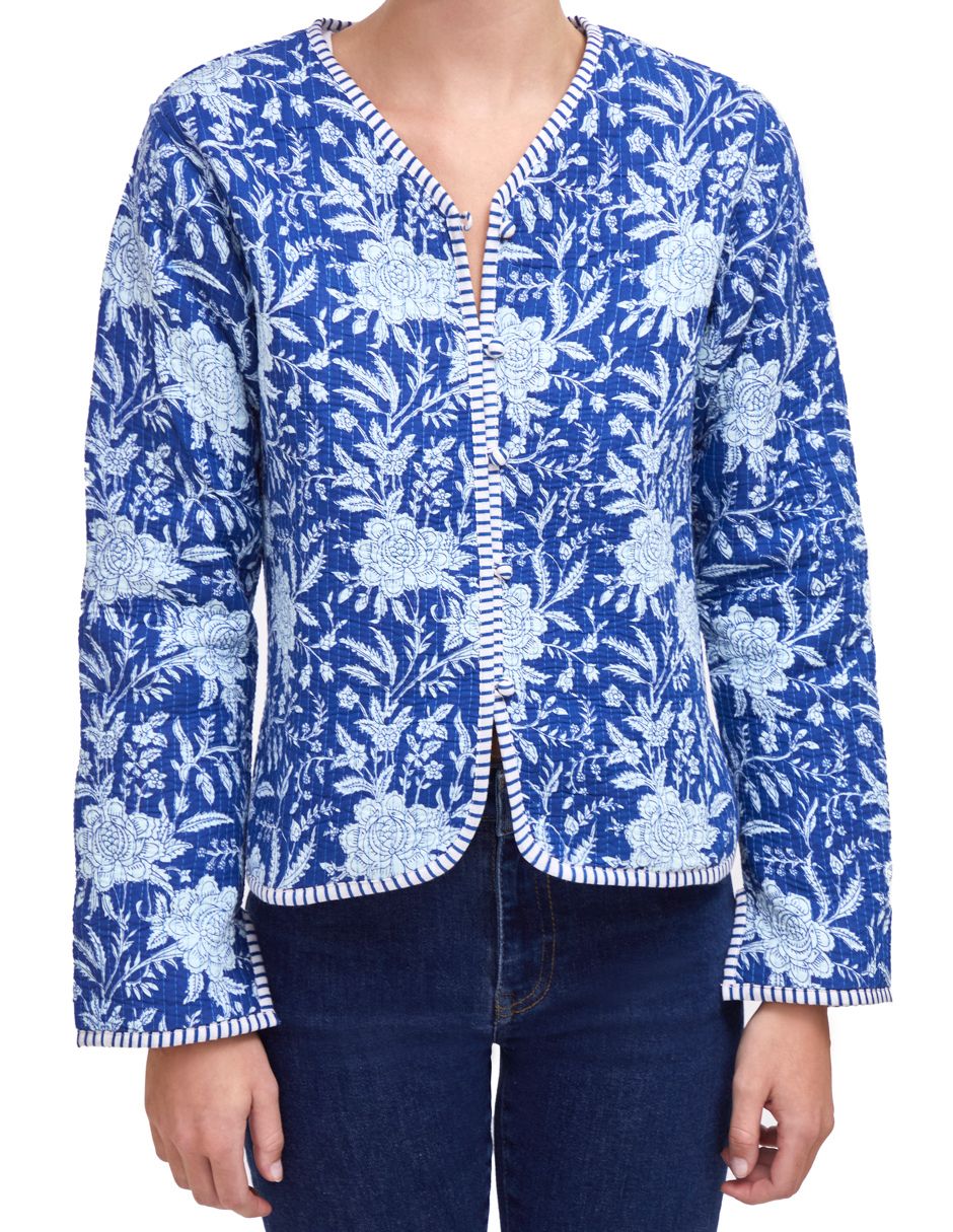 Chamarra Mujer Algodón Tela Estampada Azul Monocromático dv2925