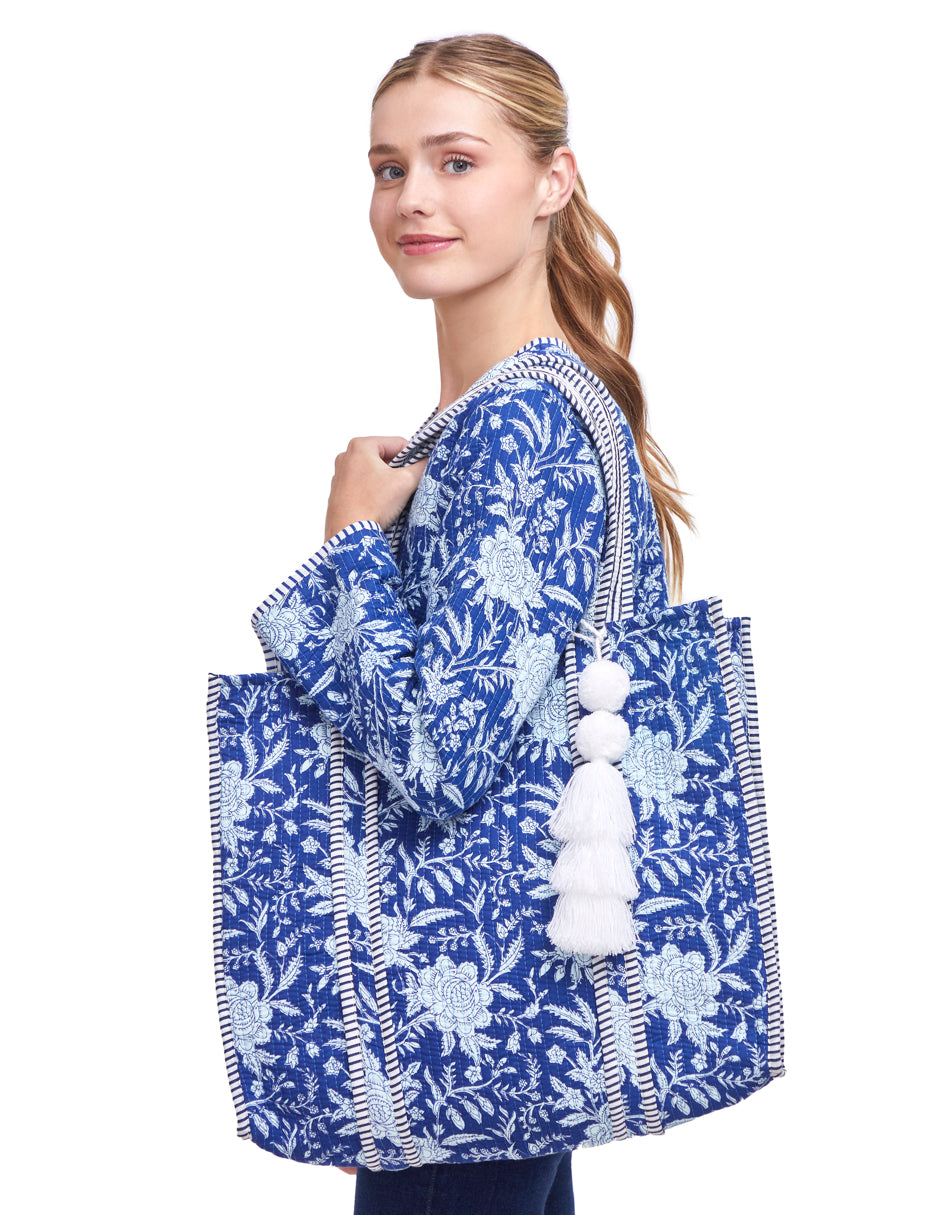 Bolsa Shopper Tela Algodón Estampado Azul Monocromático dv2925