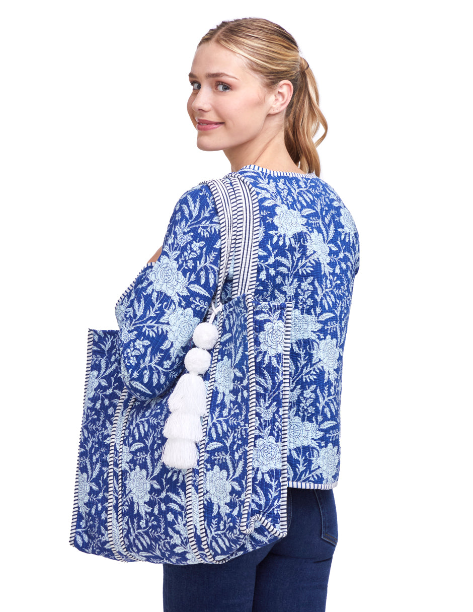 Bolsa Shopper Tela Algodón Estampado Azul Monocromático dv2925
