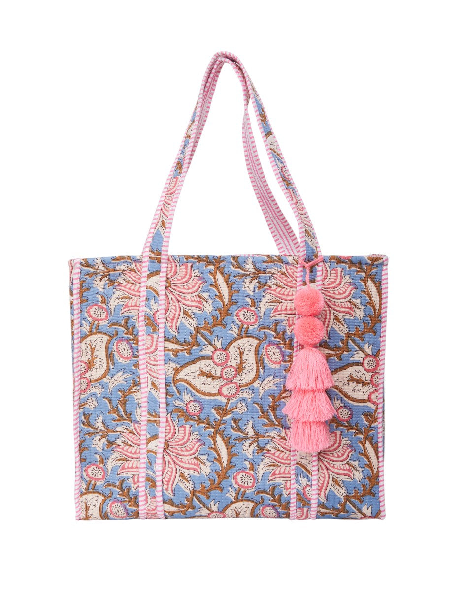 Bolsa Shopper Tela Algodón Estampado Azul Cielo y Rosa dv2925
