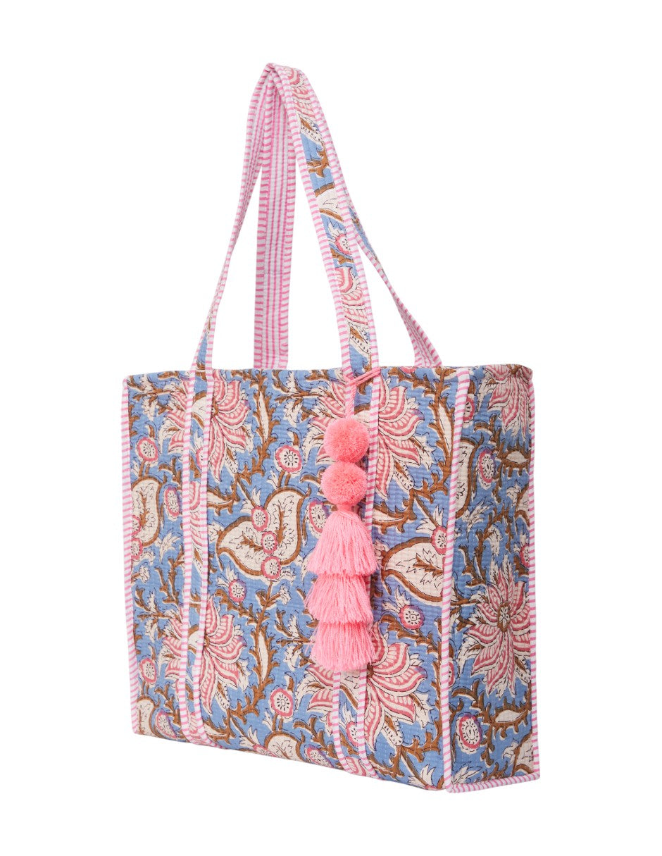 Bolsa Shopper Tela Algodón Estampado Azul Cielo y Rosa dv2925