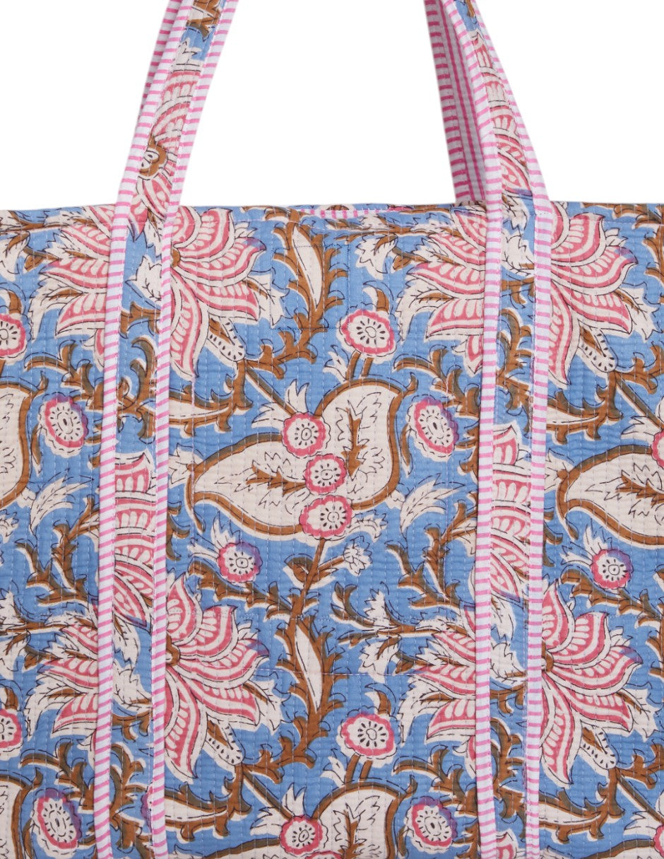 Bolsa Shopper Tela Algodón Estampado Azul Cielo y Rosa dv2925