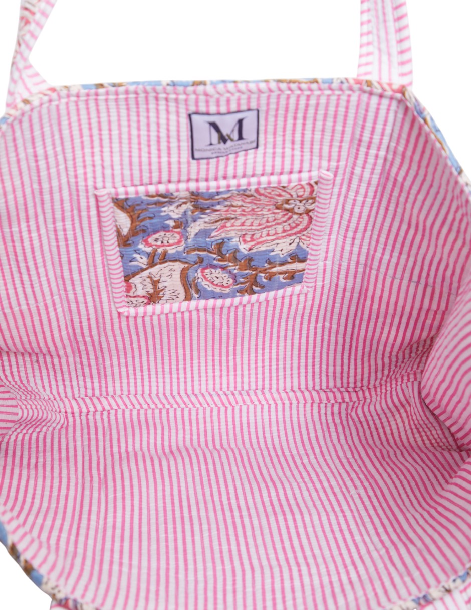 Bolsa Shopper Tela Algodón Estampado Azul Cielo y Rosa dv2925