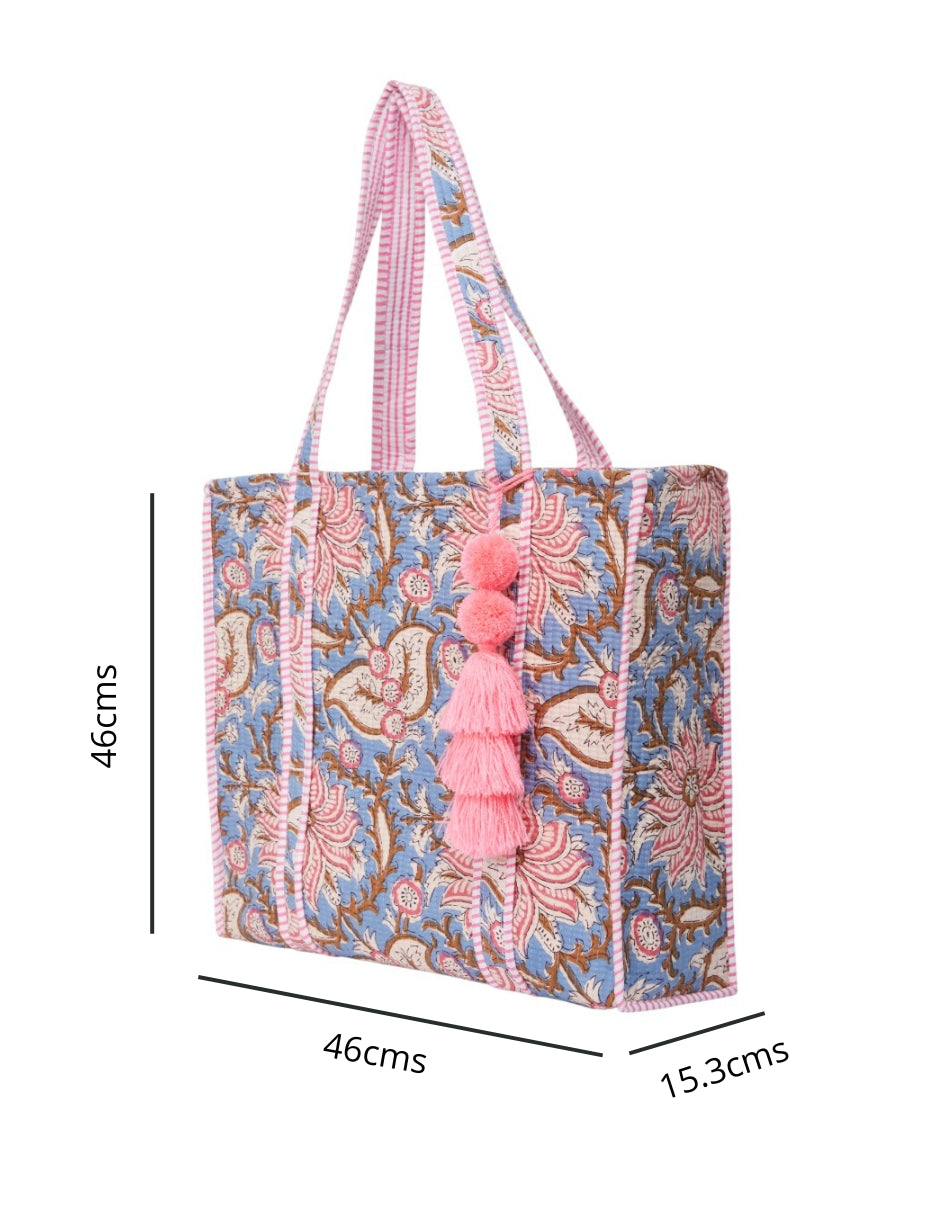 Bolsa Shopper Tela Algodón Estampado Azul Cielo y Rosa dv2925