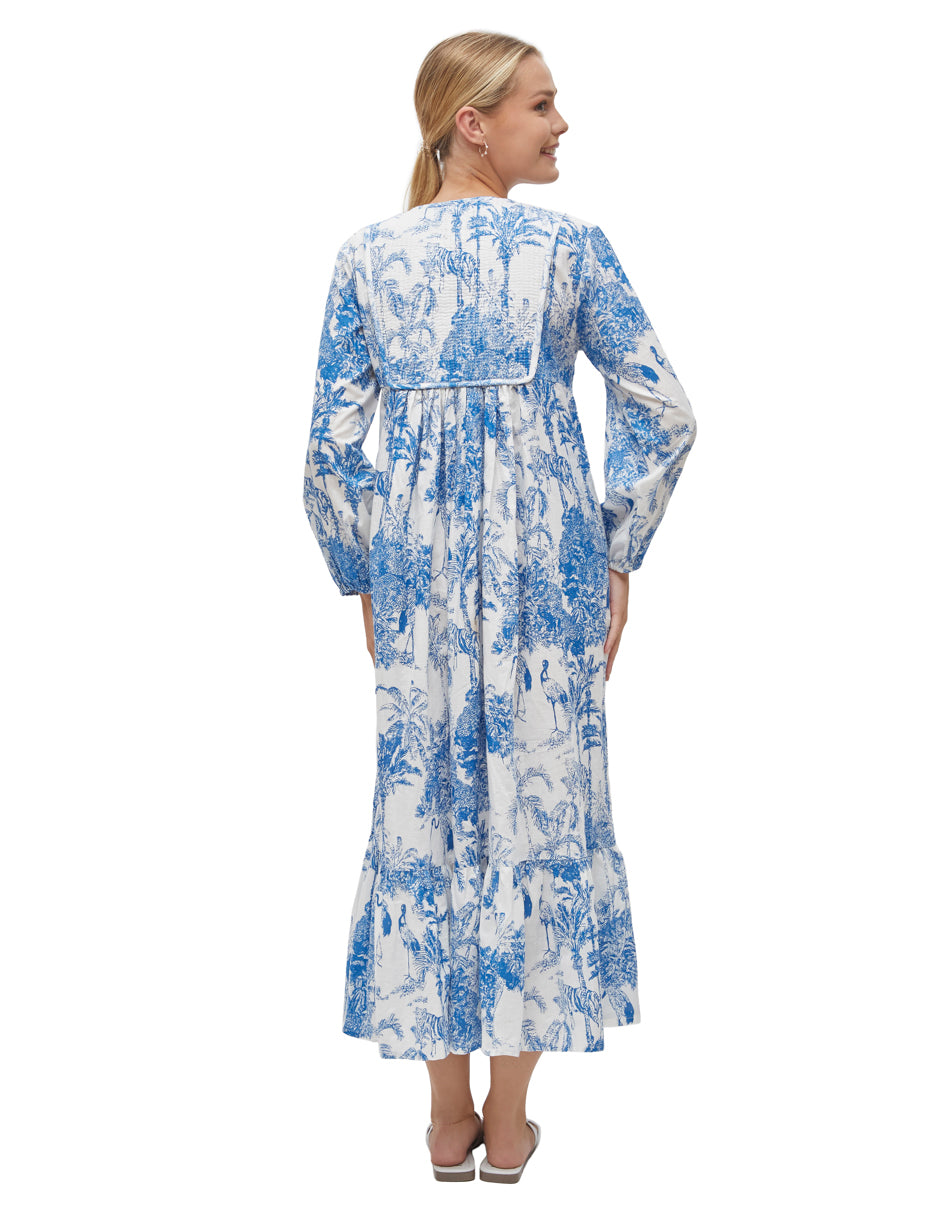 Vestido Algodón Largo Mujer Manga Larga Estampado Azul y Blanco dv2925
