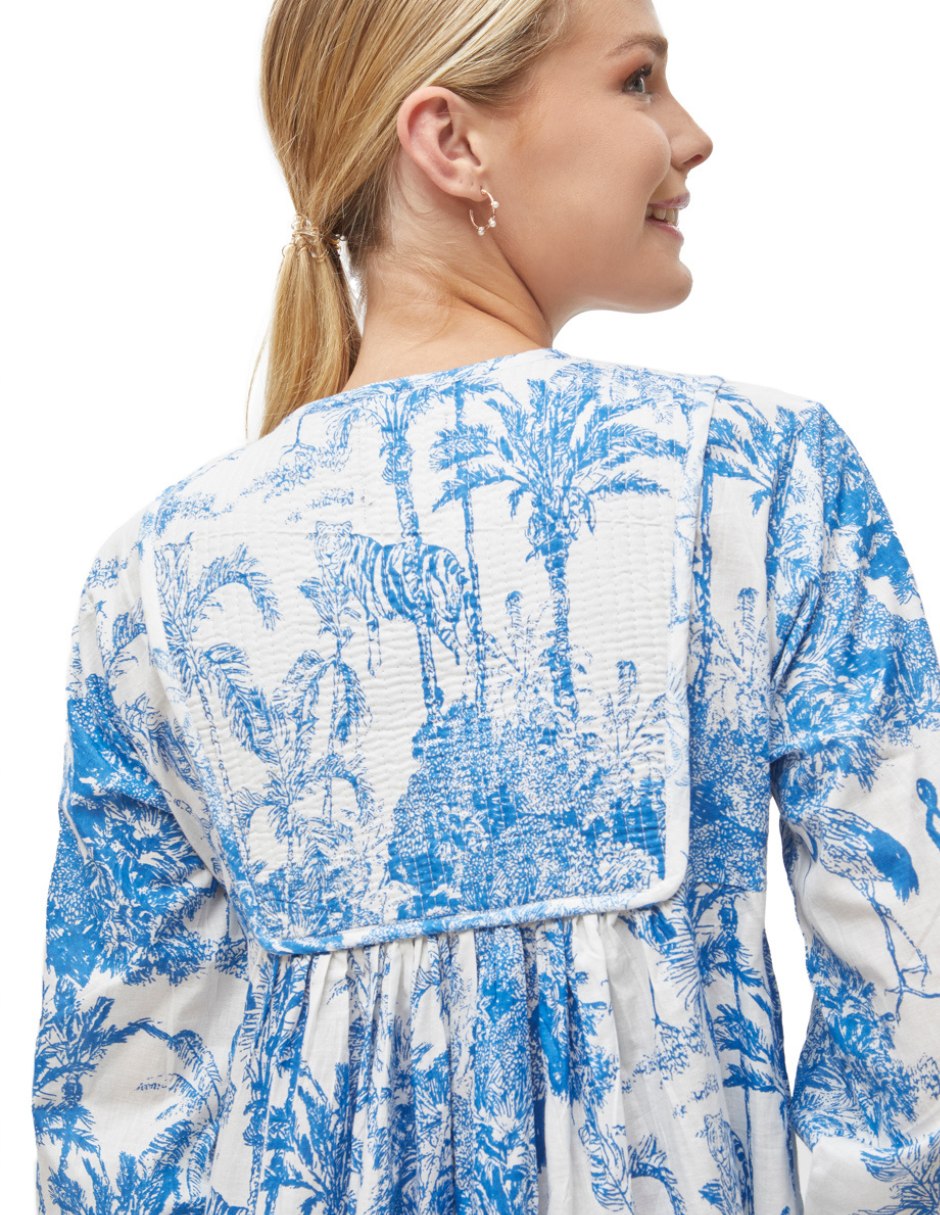 Vestido Algodón Largo Mujer Manga Larga Estampado Azul y Blanco dv2925