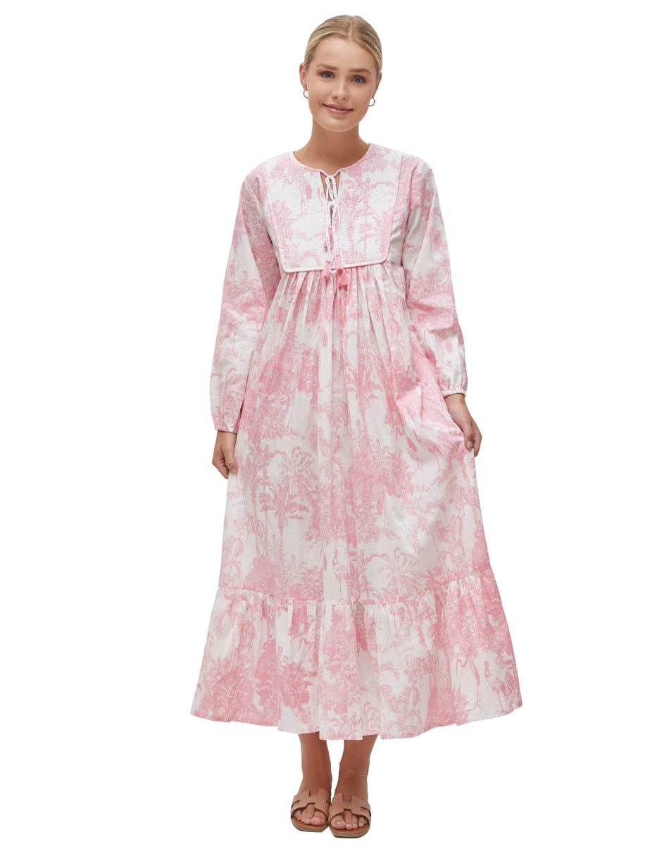 Vestido Algodón Largo Mujer Manga Larga Estampado Rosa y Blanco dv2925