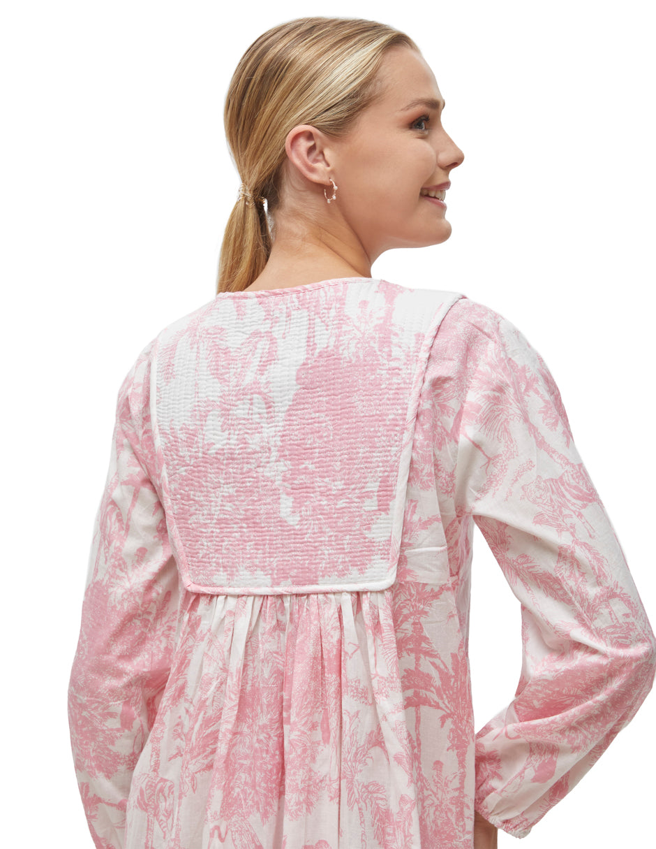 Vestido Algodón Largo Mujer Manga Larga Estampado Rosa y Blanco dv2925