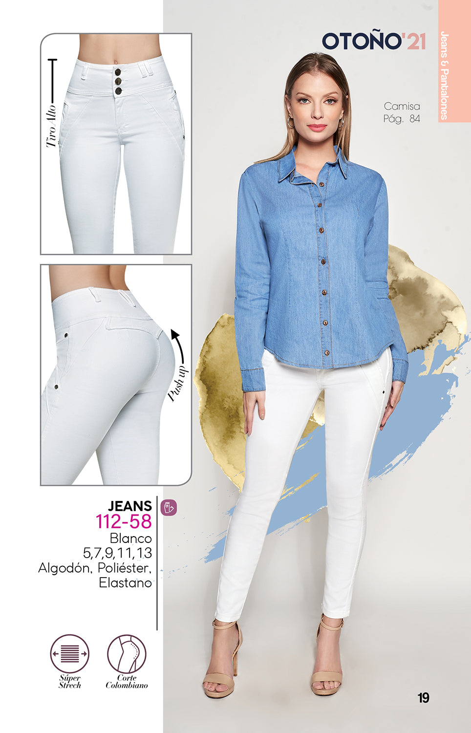 Jeans Colombiano Blanco Super Stretch: Tres Botones, Levanta Pompi