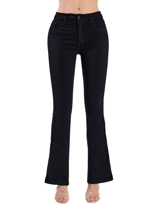 Pantalón Jeans Acampanado: Tiro Alto, Mezclilla Stretch, Color Negro.