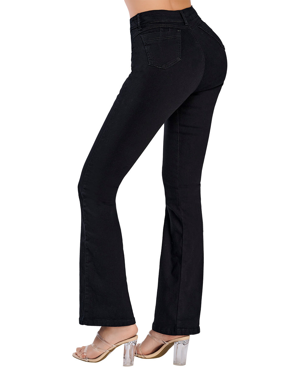 Pantalón Jeans Acampanado: Tiro Alto, Mezclilla Stretch, Color Negro.